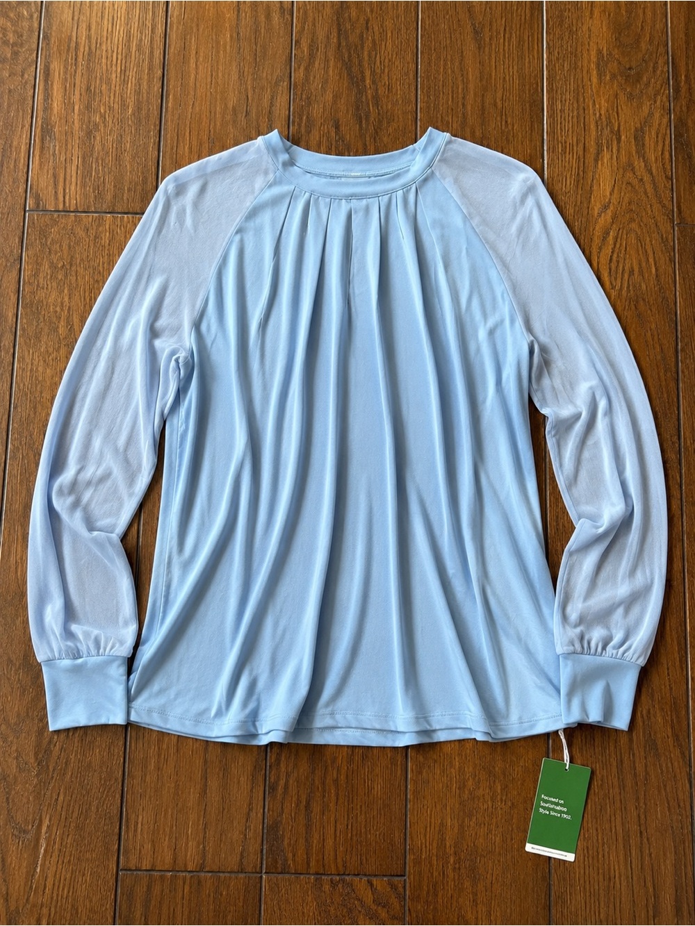 HALARA Light Blue Long Sleeve Pleated Neck Top Sz L